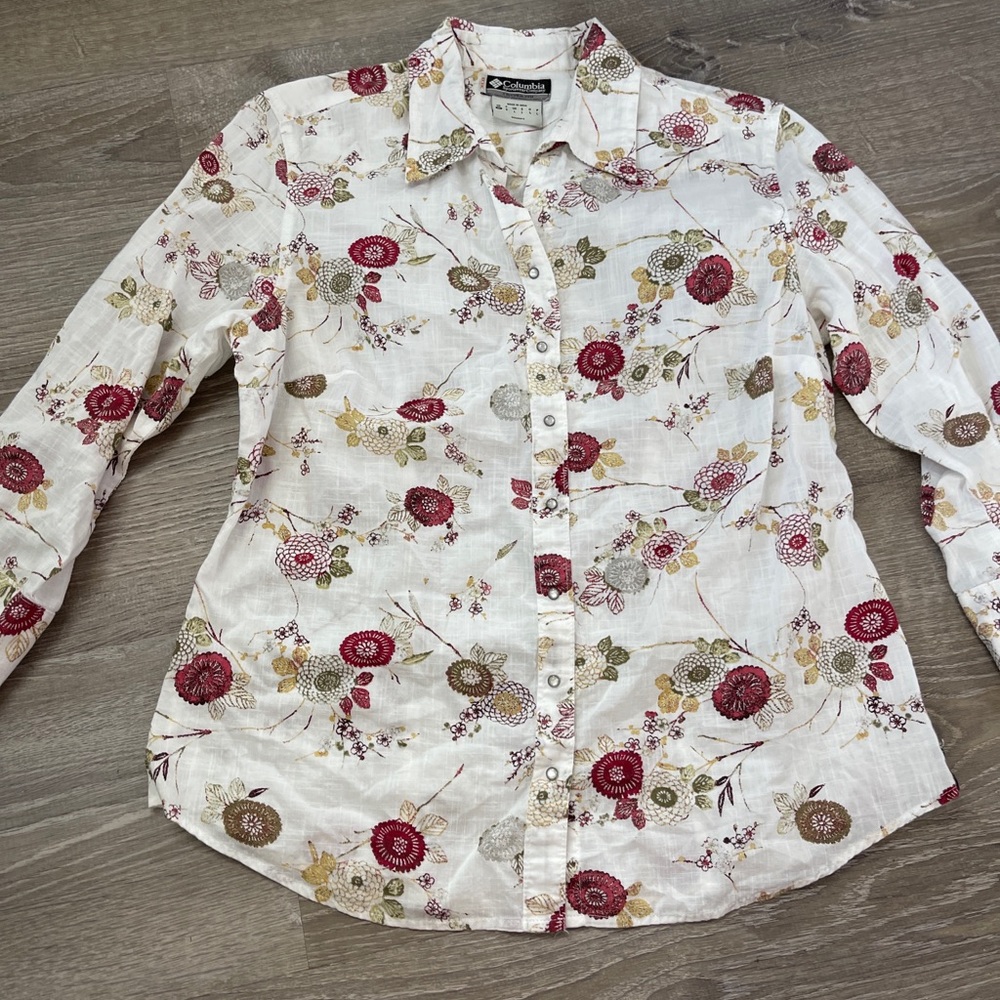 Columbia Womens Floral Button Down Top Roll Tab Long Sleeve Cotton White Medium